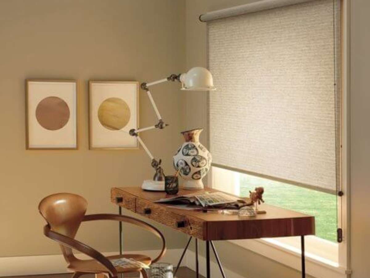 Roller shades in a modern farmhouse interior, offering sleek and functional window treatments for a clean aesthetic.